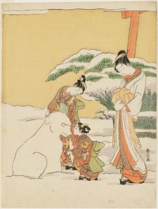 Suzuki HonurbuCourtesan Watching Two Kamuro Make a Snow Dog
